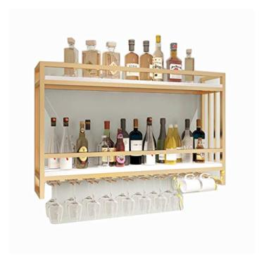 Imagem de Armário de vinho montado na parede, rack de vinho de madeira maciça de ferro forjado nórdico, exibição criativa de vinho tinto na parede, rack para copos de vinho pendurado, rack (cor: dourado