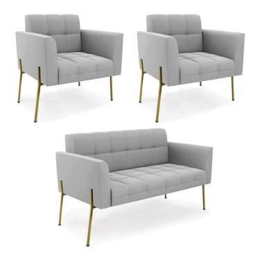 Imagem de Sofá Namoradeira E 2 Poltronas Pé De Ferro Dourado Elisa Suede D03 - D'rossi Cor Cinza