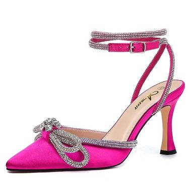 Imagem de Athlefit Sandália feminina de salto alto com laço de strass e tira no tornozelo, bico fino, salto agulha, Vermelho rosa, 37