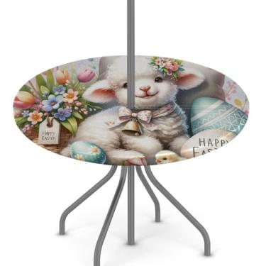 Imagem de hongjinglin Toalha de mesa de Páscoa para uso ao ar livre com orifício para guarda-chuva, toalha de mesa redonda elástica com zíper, impermeável, limpável, para piquenique, festa, pátio, serve para