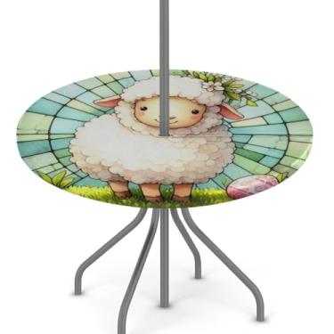 Imagem de hongjinglin Toalha de mesa de Páscoa para uso ao ar livre com orifício para guarda-chuva, toalha de mesa redonda elástica com zíper, impermeável, limpável, para piquenique, festa, pátio, serve para