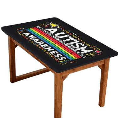 Imagem de hongjinglin Toalha de mesa retangular de 1,8 m com palavras elásticas, com design de autismo, capa de mesa retangular, à prova d'água, lavável, protetor de mesa para piquenique, jantar, cozinha