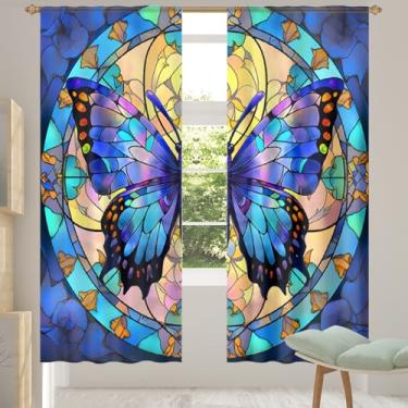 Imagem de 2 conjuntos de painéis de cortina transparente azul borboleta animal cortinas transparentes arejadas com filtro leve painéis de cortina de porta janela para sala de estar, quarto, jantar, 192 cm de
