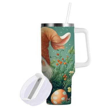 Imagem de Blueangle Copo de gnomo de coelho da Páscoa de 850 g com alça e tampa de palha, copo isolado reutilizável de aço inoxidável garrafa de água caneca de viagem (201)