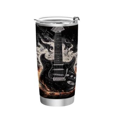Imagem de Blueangle Copo de 590 ml com tampa e canudo, copo de café com água isolada a vácuo de aço inoxidável, caneca de viagem de guitarra elétrica preta copo térmico para bebidas quentes e frias (257)