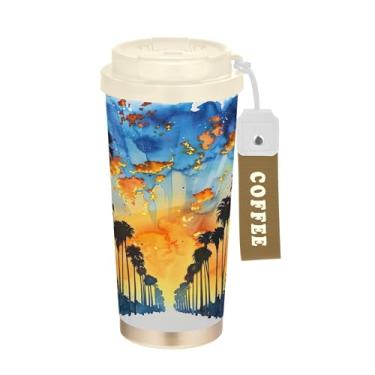 Imagem de SEHANY Caneca de viagem com palmeira de verão, 482 g, copos de café reutilizáveis revestidos de cerâmica com tampa à prova de vazamento, parede dupla, isolamento a vácuo, copo de café de aço