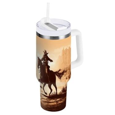 Imagem de xigua Copo vintage Western Cowboy de 850 g com tampa e canudo, aço inoxidável de vácuo duplo isolado garrafa de água esportiva suporte para copo de café de viagem à prova de vazamento para bebida