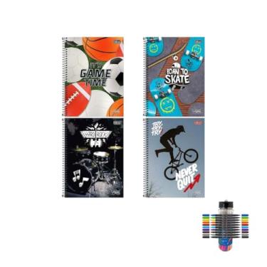 Imagem de Kit Caderno Universitário Vibe Masc 80F Tilibra + Caneta Esferográfica Spiro Glow 0.7mm + Marcador Artístico Brush com 10 Cores