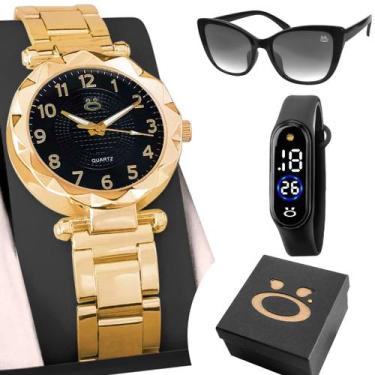 Imagem de relogio aço feminino + oculos + bracelete digital + caixa dourado prot