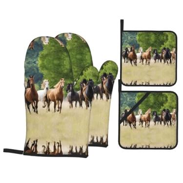 Imagem de Vários tipos de cavalos - Conjunto de luvas de cozinha estampadas com suportes de tampa, luvas de forno resistentes ao calor para lidar com panelas quentes, grelhar, churrascos, kit de 4 peças.