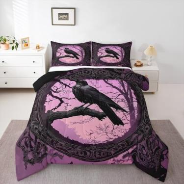 Imagem de Conjunto de edredom solteiro com estampa de corvo preto, gótico de terror assustador, galhos de árvores vintage, animais selvagens, roxo, exótico, preto, damasco