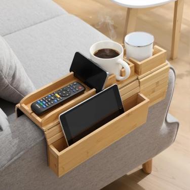 Imagem de LemonRoad Bandeja de apoio de braço de sofá de bambu com suporte de copos, base dobrável e antiderrapante, organizador de sofá para bebidas, telefone, controle remoto, lanches, serve na maioria dos