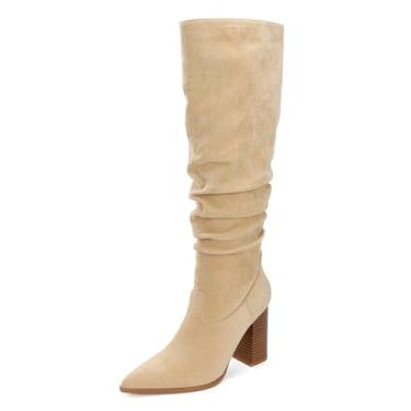 Imagem de Goderci Botas de cano alto de camurça sintética com bico fino para mulheres, botas altas de bloco grosso com zíper lateral, Caqui, 38