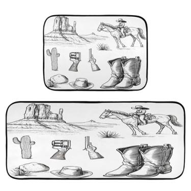 Imagem de STAYTOP Tapete de cozinha com chapéu e arma de cowboy norte-americano, 2 peças, tapete de entrada frontal, antiderrapante, alivia a fadiga, lavável, tapete para cozinha, quarto, varanda