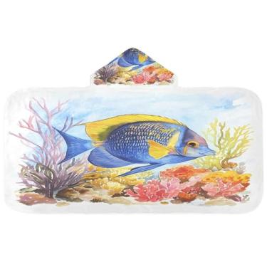 Imagem de Burbuja Angelfish Toalha de banho com capuz Coral Reef para crianças, toalha de praia de pelúcia macia absorvente para meninas e meninos 3-10 anos, 61 x 127 cm
