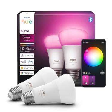 Imagem de Philips Hue Lâmpada LED inteligente A19, ambiente branco e colorido, base E26, 7,2W, luz de espectro total 1000K-20000K, 810 lúmens, regulável, funciona com Alexa, Google Assistant e Apple