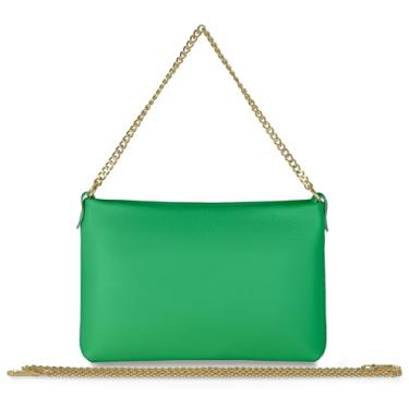 Imagem de TAKEASY Bolsa tiracolo feminina de couro de bezerro italiano com zíper e correntes | Bolsa de ombro retangular pequena para noite, Verde, Bolsa transversal retangular com 2 correntes