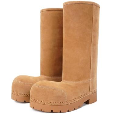 Imagem de LACIKOSZ Botas De Neve Felpudas Com Plataforma Camurça Sintética, Bico Redondo, Estilo Hippie, Salto Alto Grosso E Pelo, Para Mulheres