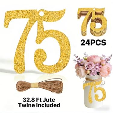 Imagem de ALISSAR 24 peças de etiquetas de ouro com 75 números com barbante de juta de 90 metros – decorações de 75 anos, artigos de festa de 75º aniversário, peças centrais de pote de pedreiro, kit de embrulho