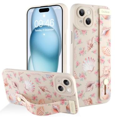 Imagem de AIGOMARA Capa para iPhone 15 Plus com alça para mulheres e meninas, linda estampa de flores de concha do mar, capa protetora de silicone com suporte de faixa macia, branca