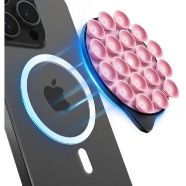Imagem de Suporte de telefone com ventosa de silicone para MagSafe, suporte de telefone antideslizante, compatível com iPhone MagSafe, perfeito para vídeos e selfies TikTok (preto e rosa)