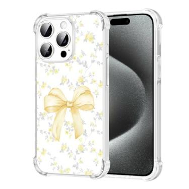 Imagem de Vulfwela Capa para iPhone 15 Pro de 6,1 polegadas com laço amarelo, linda estampa de flores românticas, capa de telefone transparente para mulheres e meninas, antiamarelamento, antiqueda, à prova de