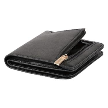 Imagem de Carteira feminina com bloqueio de RFID, pequena, compacta, dobrável, de couro, com bolso para identidade, Preto, Retrô