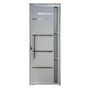 Imagem de Porta De Aluminio Lambril Branco Com Puxador, Vidro E Friso Linha 25 -