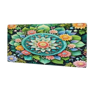 Imagem de Tapete de rato grande com flor de mandala verde à prova d'água, tapete protetor de mesa estendido para computador, base de borracha antiderrapante para escritório, computador, teclado, laptop e mesa