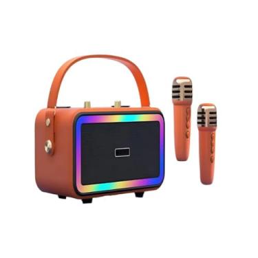Imagem de Karaokê com 2 Microfones, Caixa de Som Bluetooth com Microfone Sem Fio e Luzes para Adultos e Crianças, Portátil para Festas em Casa, Ao Ar Livre, Presentes Ideais com Subwoofers para Palco (LARANJA)