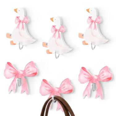 Imagem de Fiwochic 6 ganchos decorativos de parede de ganso para quarto de crianças, rosa e branco, cabide de madeira de ganso para decoração de quarto de bebê, banheiro, quarto
