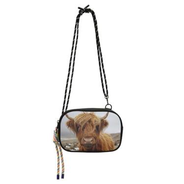 Imagem de TSENQUE Linda bolsa tiracolo feminina de vaca Highland Highland, bolsa de telefone com alça sobre o ombro, pochete de viagem