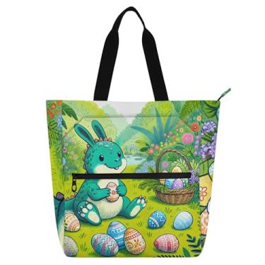 Imagem de GAIGEO Bolsa feminina com ovos de dinossauro coelhinho da Páscoa para trabalho em lona escolar bolsa para professores com compartimentos