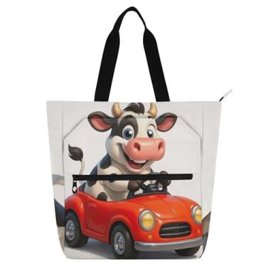 Imagem de GAIGEO Linda bolsa de trabalho feminina de vaca vermelha com desenho animado de lona para livros de praia com zíper bolsas médias com compartimentos