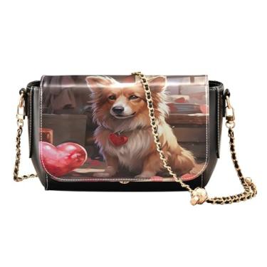 Imagem de Constelação de estrelas em uma bolsa de ombro preta de couro PU, bolsa de ombro de couro transversal, bolsas transversais para mulheres, Decoração de cachorro com coração vermelho - 3, One Size