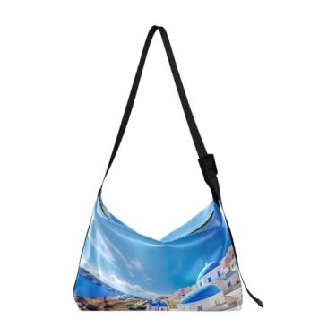 Imagem de Bolsa de ombro branca com folhas tropicais, bolsa tiracolo masculina de couro, alça grossa, Edifícios com uma cúpula azul - 1, One Size