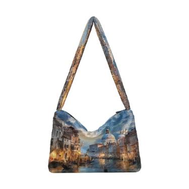 Imagem de Halloween com abóboras no roxo bolsas de ombro femininas, bolsas de pelúcia macia, bolsa feminina para uso ao ar livre, Edifícios e casas na água 2, One Size