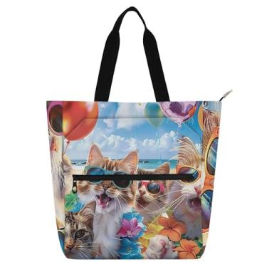 Imagem de Sacola engraçada de praia de gatos sorridentes para mulheres, trabalho, lona, escola, com zíper, bolsas para professores, presente para amantes de livros