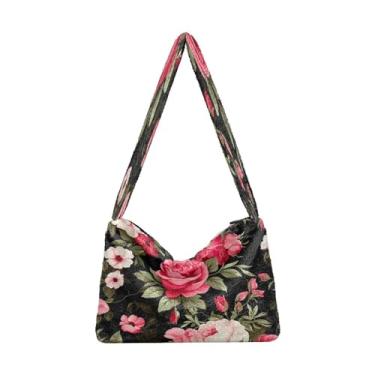 Imagem de Floral com flores rosa em bolsas de ombro pretas, bolsa de ombro feminina, bolsas de outono, Floral vermelho e rosa - 1, One Size