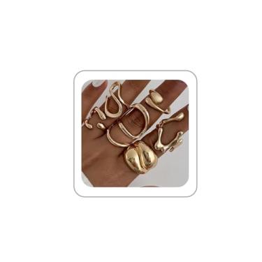 Imagem de ANGLEQUEEN Conjunto de anéis grossos para mulheres conjunto de anéis empilháveis de ouro aberto ajustável conjuntos de anéis geométricos irregulares trajes de formatura acessórios de joias 2025 joias