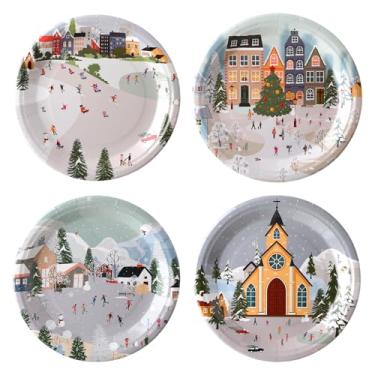 Imagem de Yungyan 100 peças de pratos de papel de vila de inverno, 23 cm, pratos de jantar de festa de Natal, descartáveis em massa, suprimentos de festa para decoração de Natal, inverno, feriado, louça