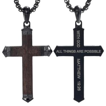 Imagem de GTMJ Colar de cruz de madeira para homens, corrente preta com pingente de cruz de madeira marrom, Medium, Aço inoxidável, Sem Pedra Preciosa