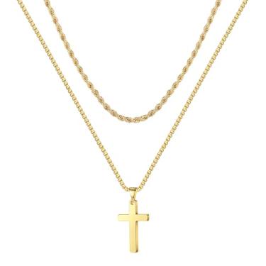 Imagem de Colar com pingente de cruz em camadas de aço inoxidável para homens e mulheres, preto, banhado a ouro 14K, corrente de corda de prata, joia 40,6 cm, 50,8, 56, 61 cm, joias de aniversário, presentes