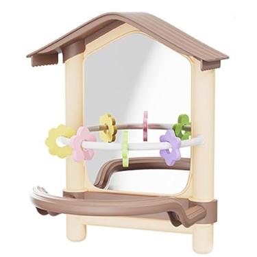 Imagem de AUKCA Suporte de espelho de pássaro com flores decorativas, design de casa de brinquedo para animais de estimação, material ABS, 207 x 150 x 164 mm, poleiro de papagaio interativo com base