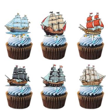 Imagem de 18 peças de enfeite de cupcake de veleiro com glitter azul tema de navio náutico palitos de decoração de festa de aniversário para homens e mulheres, conjunto de suprimentos de decoração de feliz