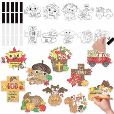 Imagem de JAPBOR Kits de artesanato para colorir de outono - 30 peças de ímãs de colorir seu próprio outono para crianças, Bíblia religiosa, faça você mesmo, ímã magnético de desenho cristão, adesivo para