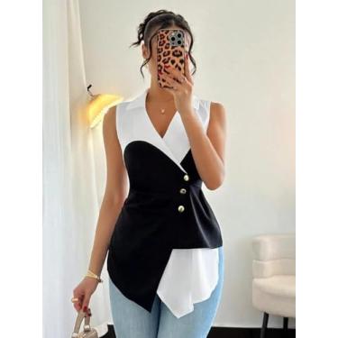 Imagem de Blusa feminina sem mangas Color Block Peplum - top assimétrico gola V preto e branco com botões dourados para escritório/casual (GG)