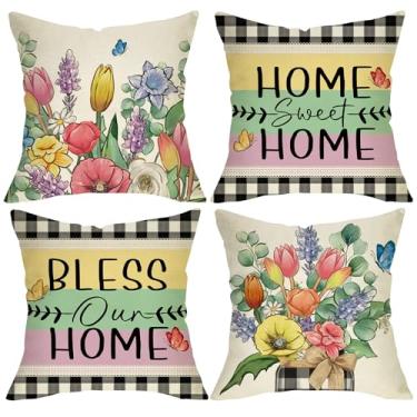 Imagem de Fjfz Conjunto de 4 capas de almofada decorativas florais de primavera 45,7 x 45,7 cm, Flower Bless Our Home, Sweet Home, varanda, decoração ao ar livre, verão, buffalo, xadrez, borboleta, fazenda