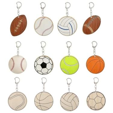 Imagem de Hauojaus 36 peças de chaveiros artesanais coloridos para sua própria bola esportiva, recortes de madeira inacabados, futebol, basquete, futebol, pintura faça você mesmo, chaveiro de madeira em branco