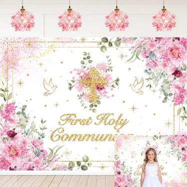 Imagem de Fundo de Primeira Comunhão Flor Rosa Cruz Dourada God Bless Fundo Fotográfico Meninas Batizado Festa de Bebê Decoração Banner